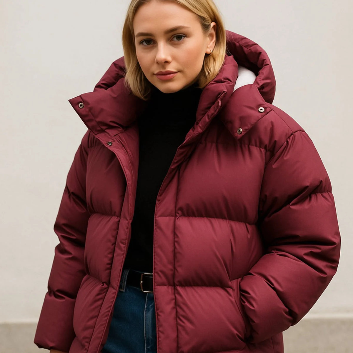 Wine Red Women's Boxy Puffer Jacket with Detachable Hood & Side Pockets - Front Closeup Hood