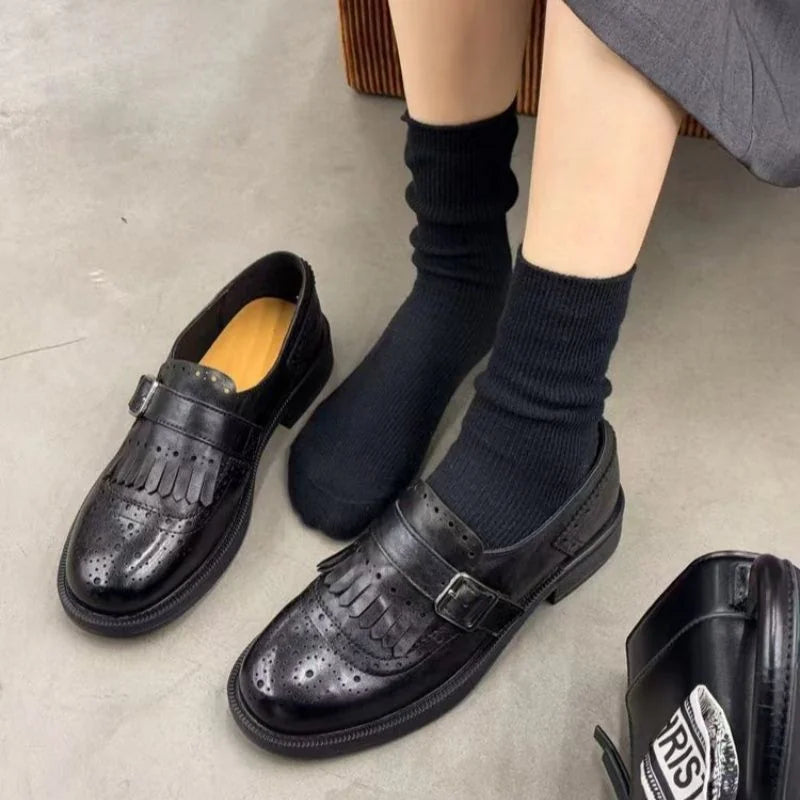 Black single strap with buckle Women's Brogue Loafers with Fringed Cap & Adjustable Buckle - Close Up Socks Shoes