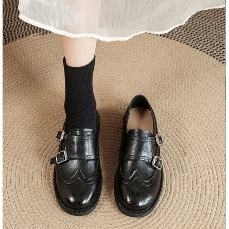 Women's Brogue Loafers with Fringed Cap & Adjustable Buckle - Front Facing Pose