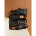 Black Double Buckle Belt Women's Brogue Loafers with Fringed Cap & Adjustable Buckle - Stacked Pairs Studio