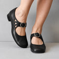 Black Women's Buckle Sandals with Cushioned Footbed & Cutout Strap Detail - Front Pose