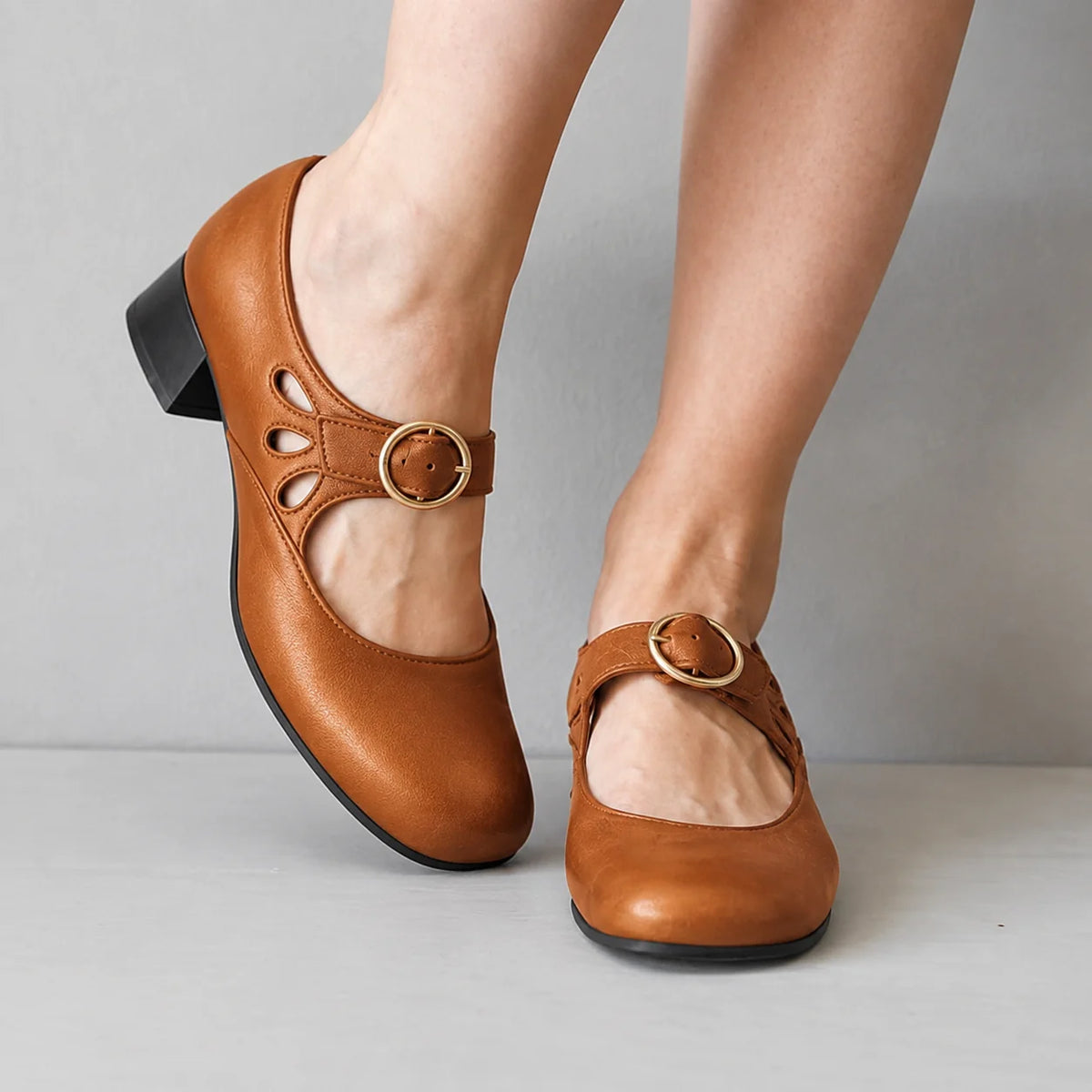 Khaki Women's Buckle Sandals with Cushioned Footbed & Cutout Strap Detail - Side Angle