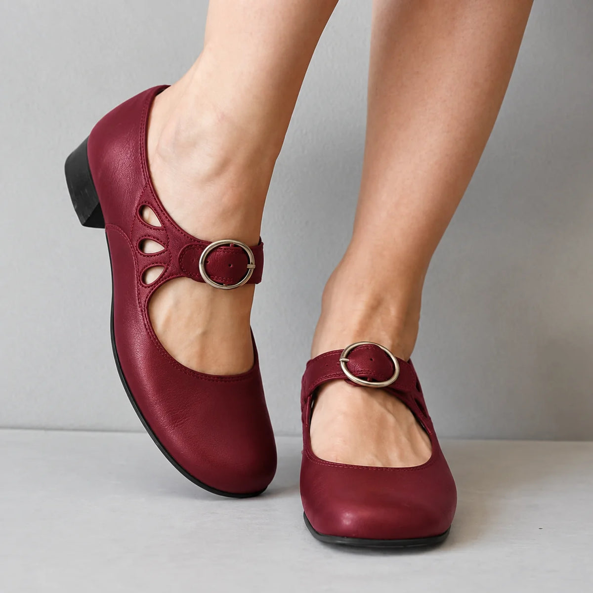 Red Women's Buckle Sandals with Cushioned Footbed & Cutout Strap Detail - Side Step