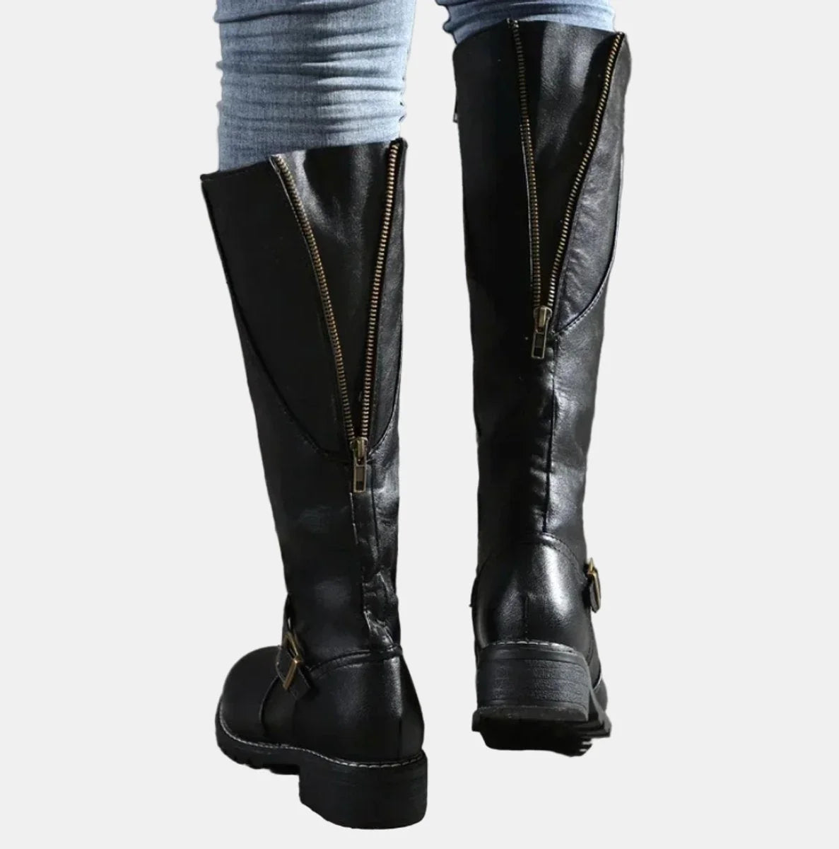 Black Women's Tall Riding Boots with Buckle-Strap Detail & Round Toe — Alice - Back Zipper Detail