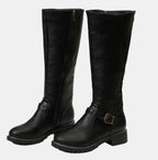 Black Women's Tall Riding Boots with Buckle-Strap Detail & Round Toe — Alice - Studio Pair Front