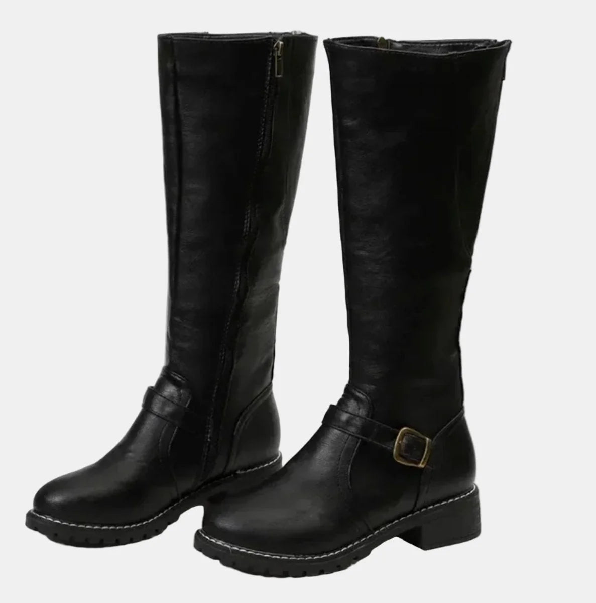 Black Women's Tall Riding Boots with Buckle-Strap Detail & Round Toe — Alice - Studio Pair Front