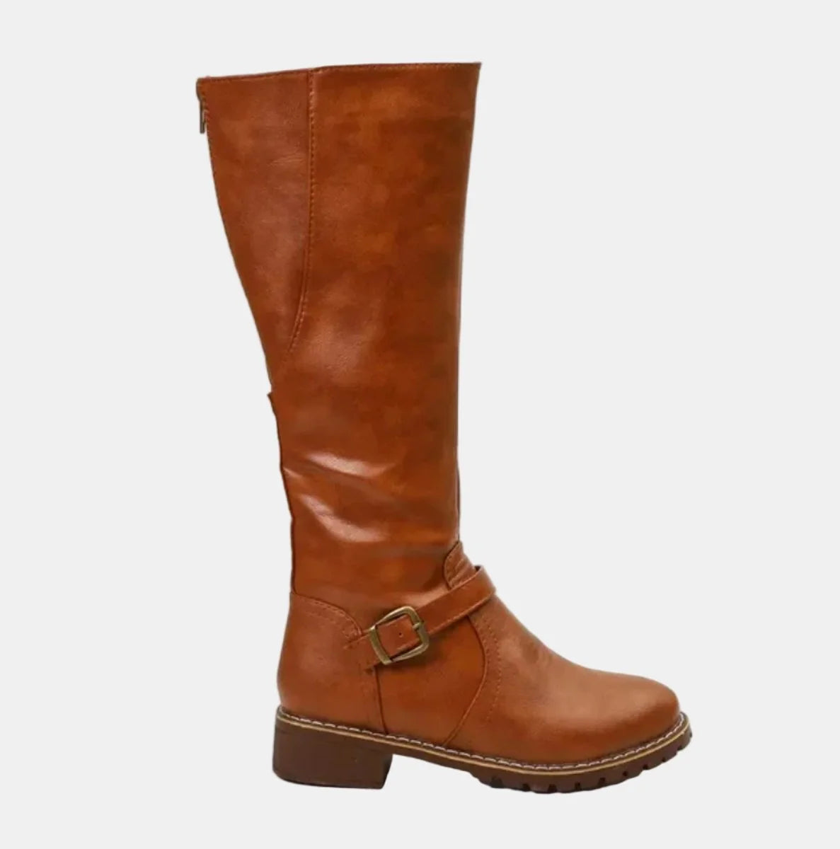 Brown Women's Tall Riding Boots with Buckle-Strap Detail & Round Toe - Side Profile Flat