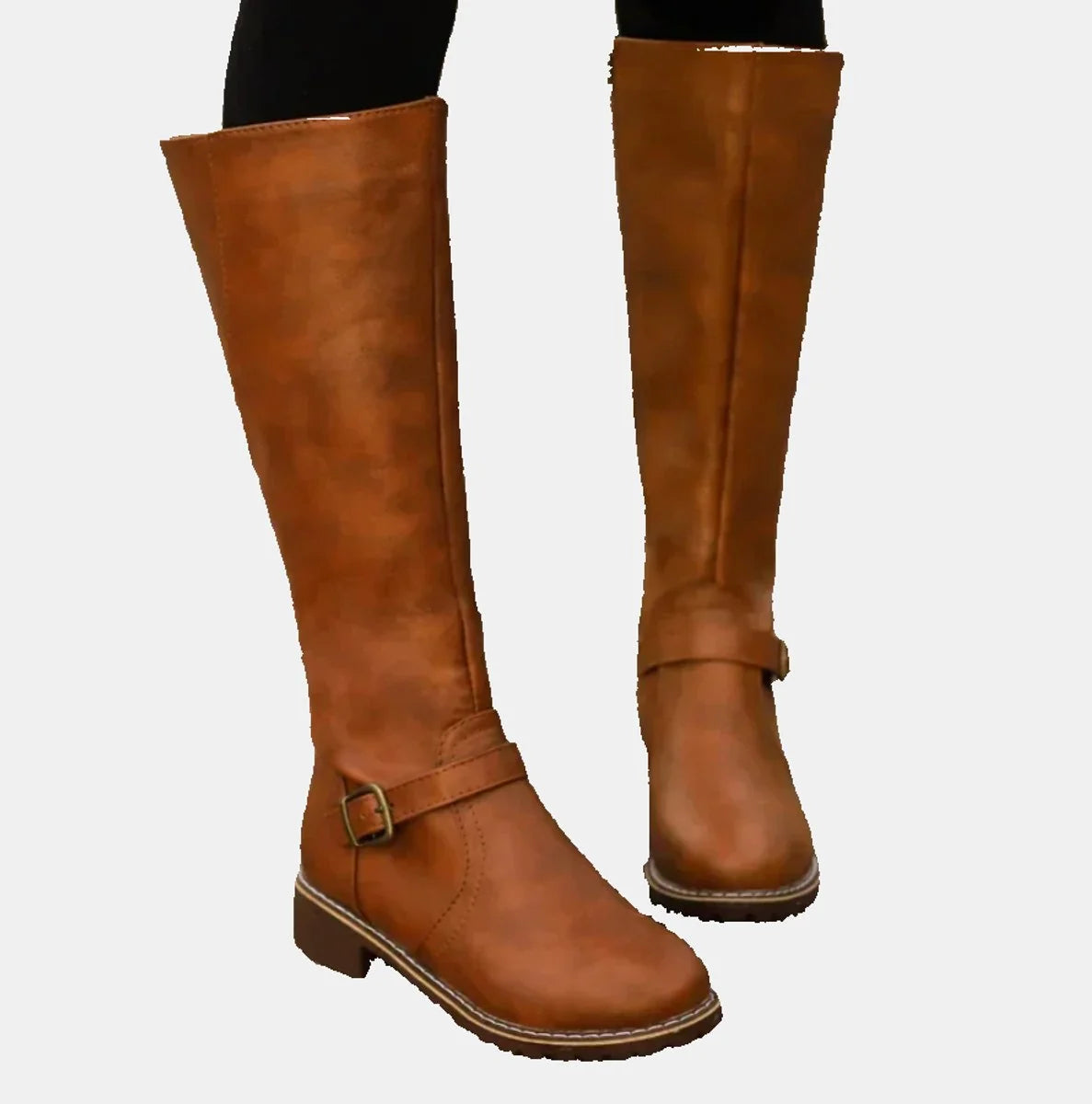Brown Women's Tall Riding Boots with Buckle-Strap Detail & Round Toe — Alice - Worn Front Pose