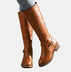 Brown Women's Tall Riding Boots with Buckle-Strap Detail & Round Toe — Alice - Worn Jeans Side