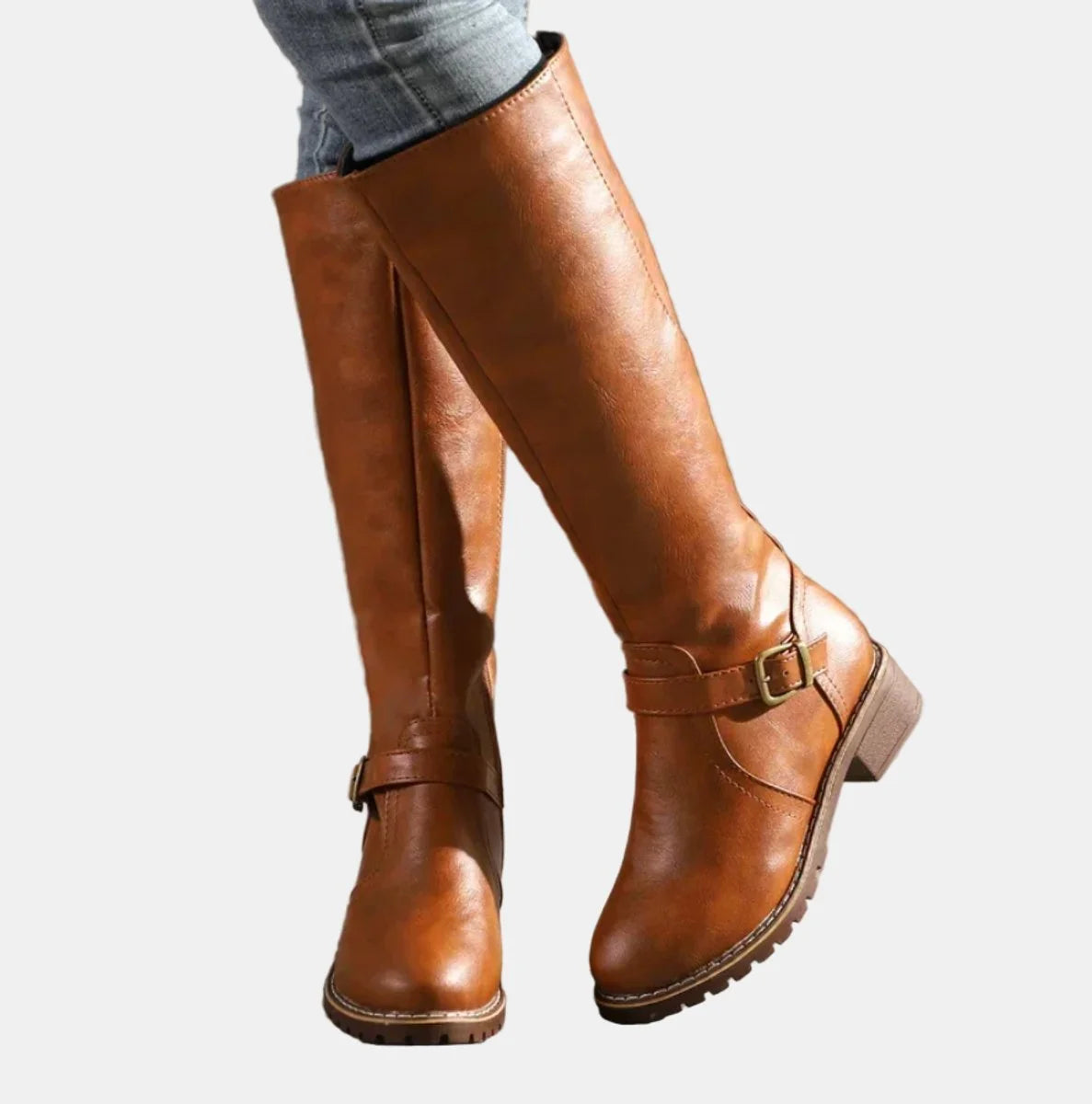 Brown Women's Tall Riding Boots with Buckle-Strap Detail & Round Toe — Alice - Worn Jeans Side