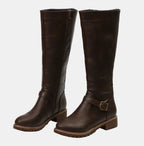 Dark Brown Women's Tall Riding Boots with Buckle-Strap Detail & Round Toe — Alice - Studio Pair Angle