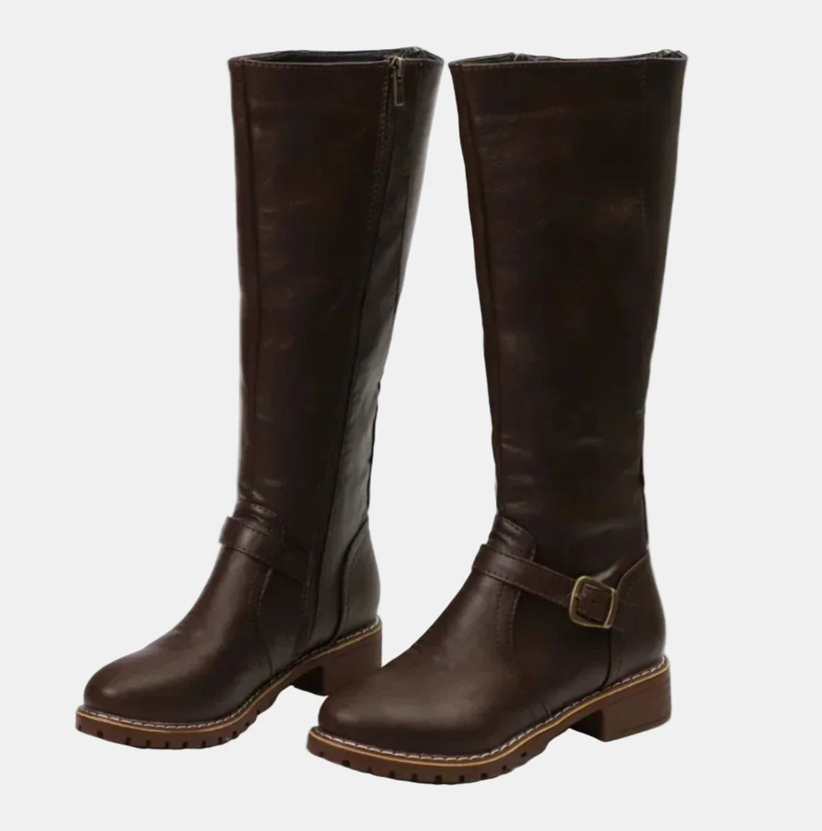 Dark Brown Women's Tall Riding Boots with Buckle-Strap Detail & Round Toe — Alice - Studio Pair Angle