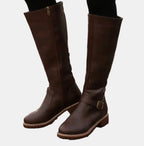 Dark Brown Women's Tall Riding Boots with Buckle-Strap Detail & Round Toe - Worn Front Closeup