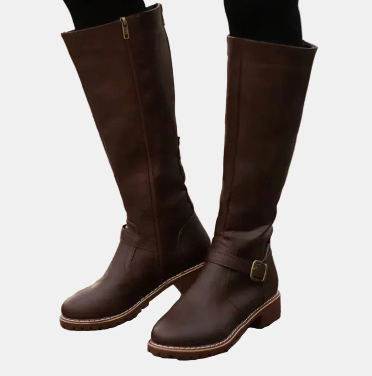 Dark Brown Women's Tall Riding Boots with Buckle-Strap Detail & Round Toe - Worn Front Closeup