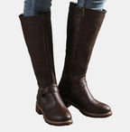Dark Brown Women's Tall Riding Boots with Buckle-Strap Detail & Round Toe — Alice - Worn Jeans Front