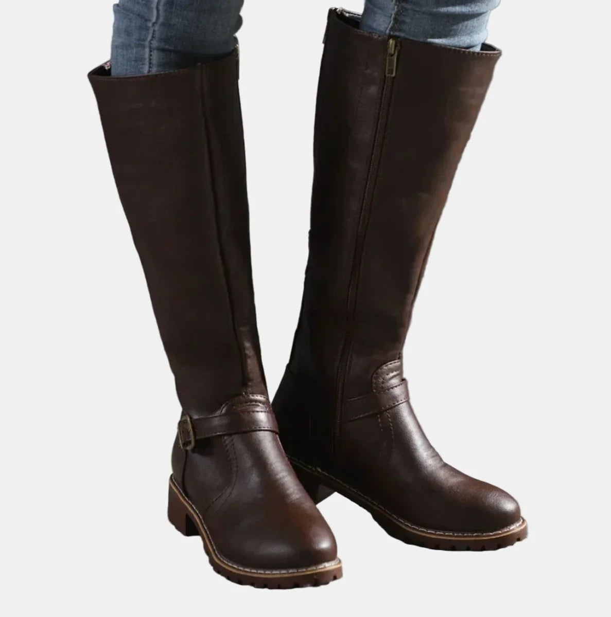 Dark Brown Women's Tall Riding Boots with Buckle-Strap Detail & Round Toe — Alice - Worn Jeans Front