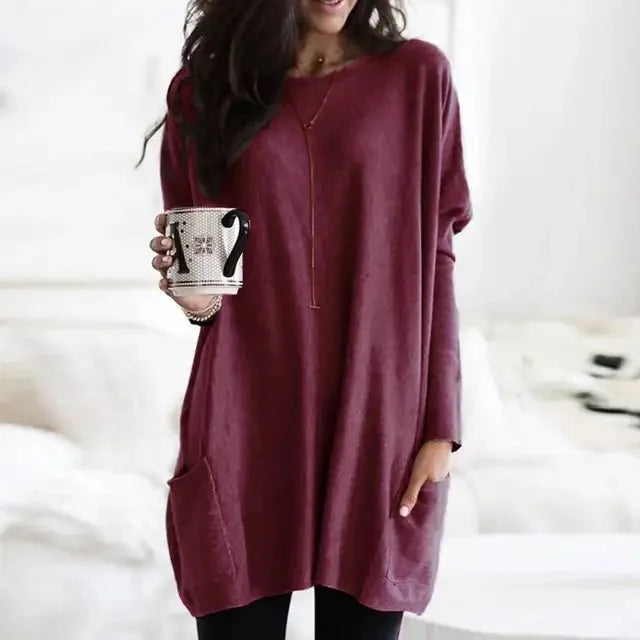 Burgundy Women's Oversized Tunic Top with Long Sleeves & Patch Pockets - Front Closeup