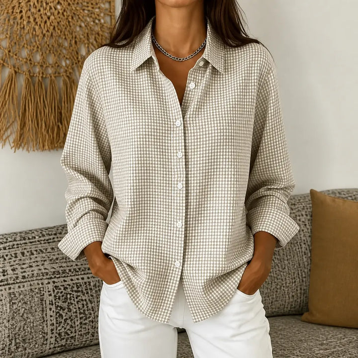 Apricot Women's Plaid Button Down Shirt with Relaxed Fit & Long Sleeves