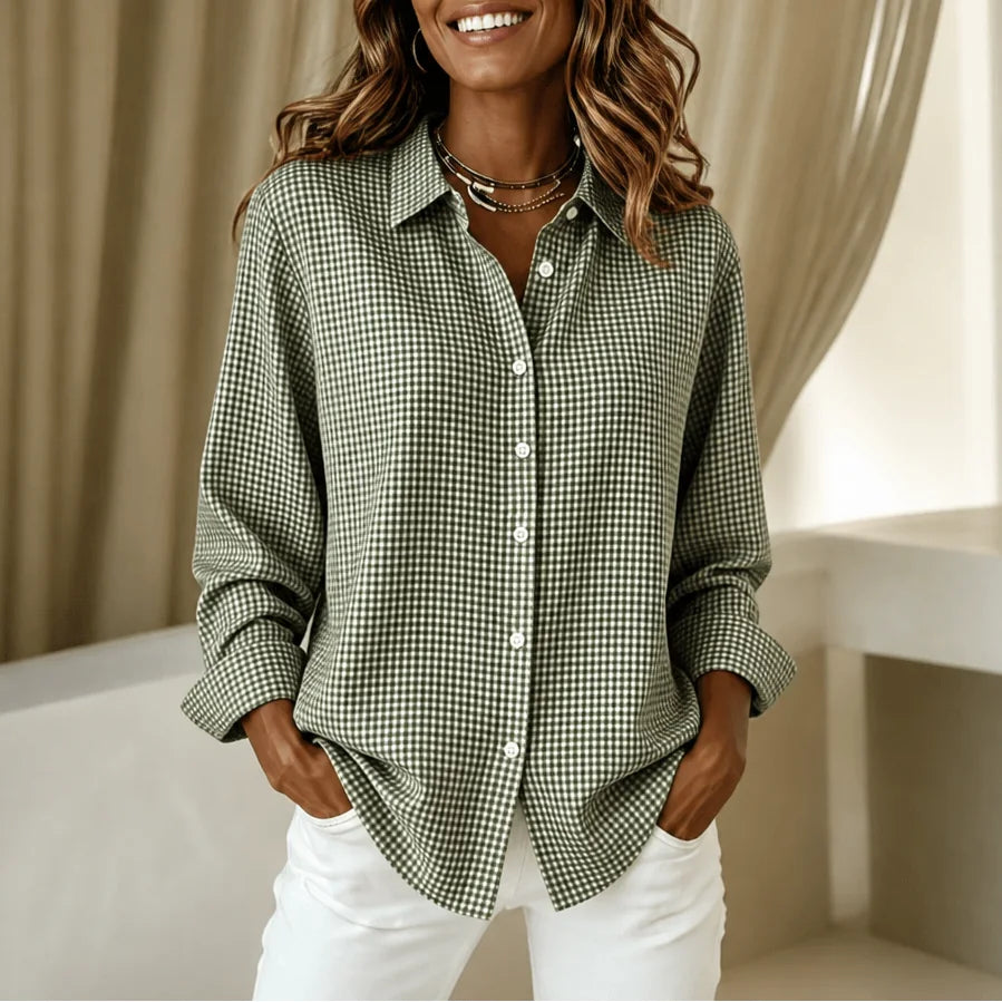 Green Matcha Women's Plaid Button Down Shirt with Relaxed Fit & Long Sleeves
