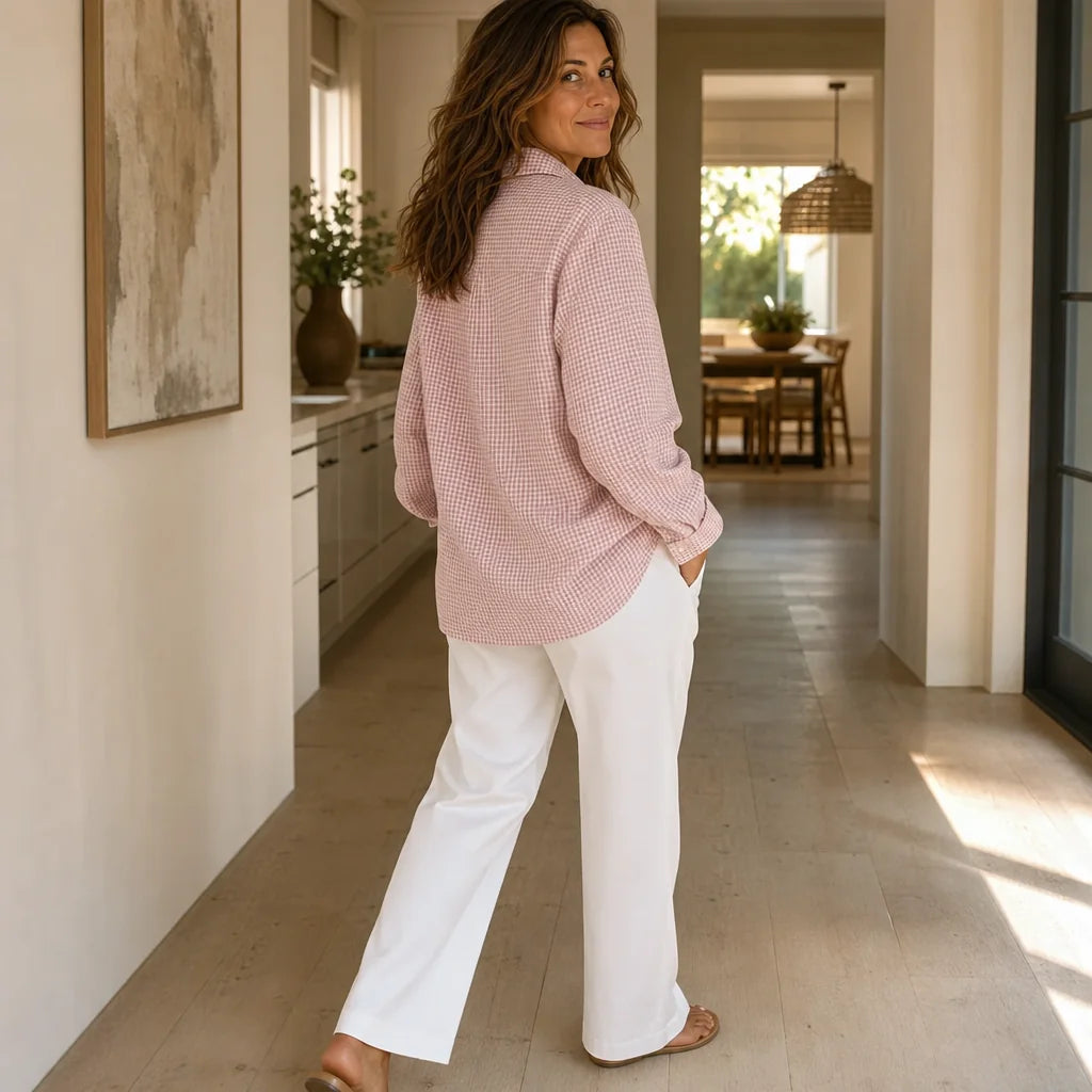 Pink Women's Plaid Button Down Shirt with Relaxed Fit & Long Sleeves — Philomena - Back Full Pose