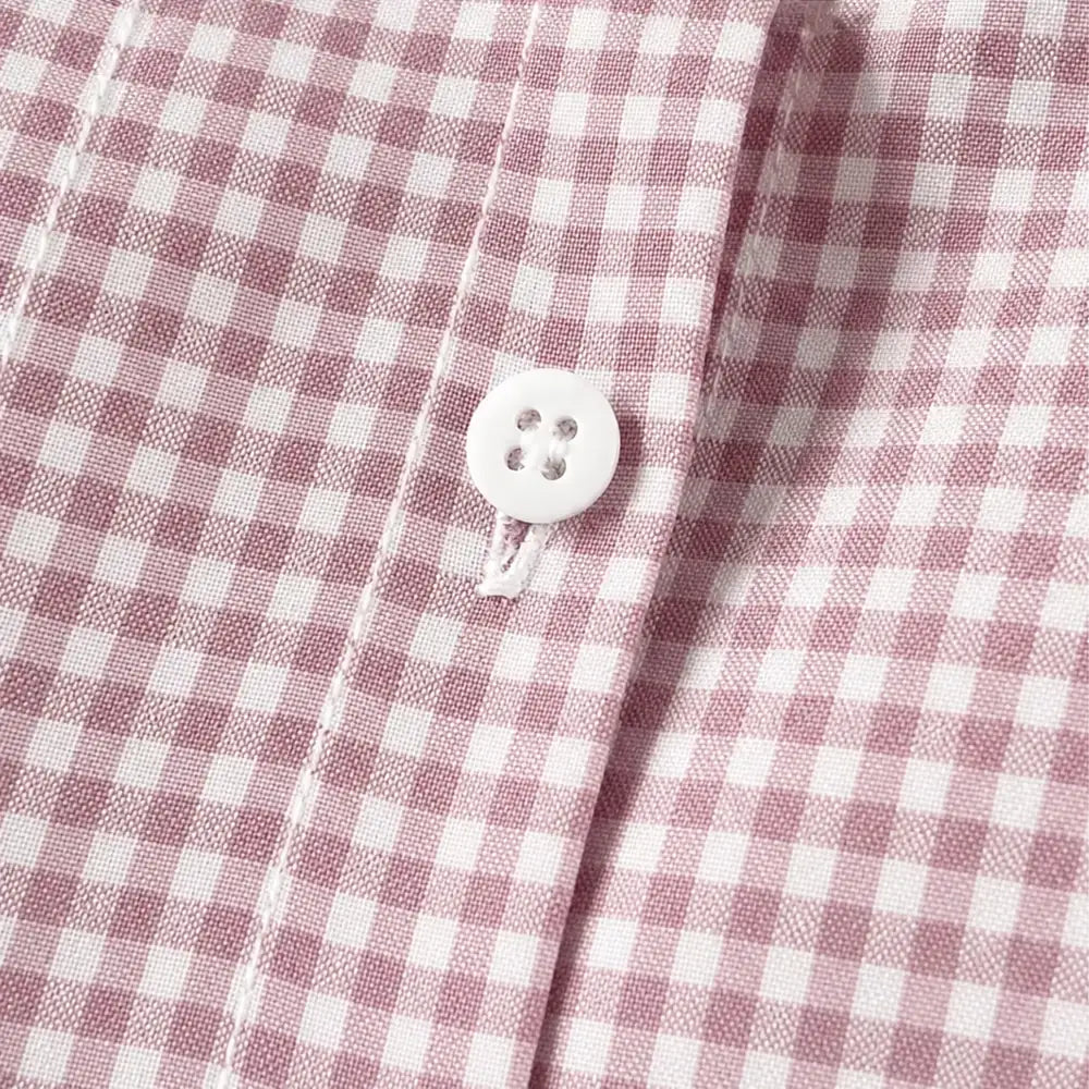 Pink Women's Plaid Button Down Shirt with Relaxed Fit & Long Sleeves — Philomena - Button Detail Close Up
