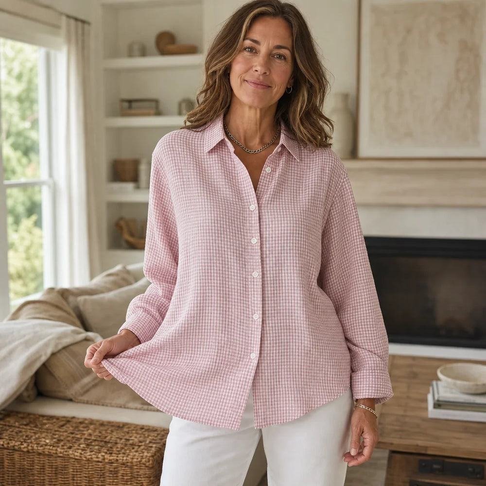 Pink Women's Plaid Button Down Shirt with Relaxed Fit & Long Sleeves — Philomena - Front Full Lifestyle