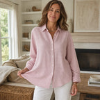 Pink Women's Plaid Button Down Shirt with Relaxed Fit & Long Sleeves — Philomena - Front Full Lifestyle