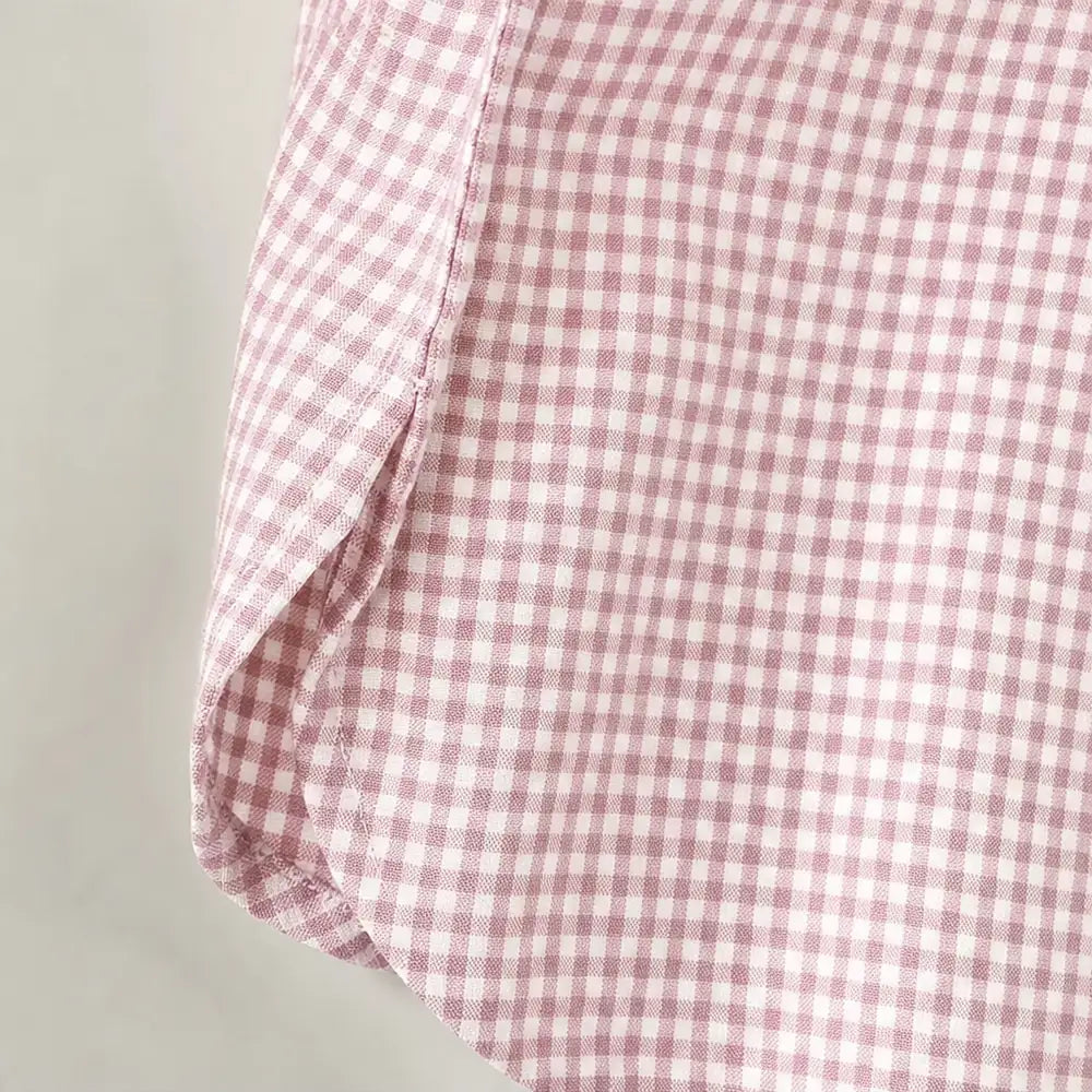 Pink Women's Plaid Button Down Shirt with Relaxed Fit & Long Sleeves — Philomena - Hem Detail Close Up