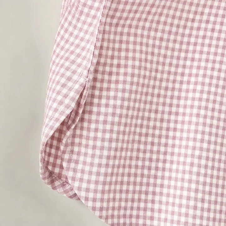 Pink Women's Plaid Button Down Shirt with Relaxed Fit & Long Sleeves — Philomena - Hem Detail Close Up