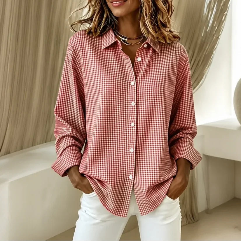 Red Women's Plaid Button Down Shirt with Relaxed Fit & Long Sleeves — Philomena