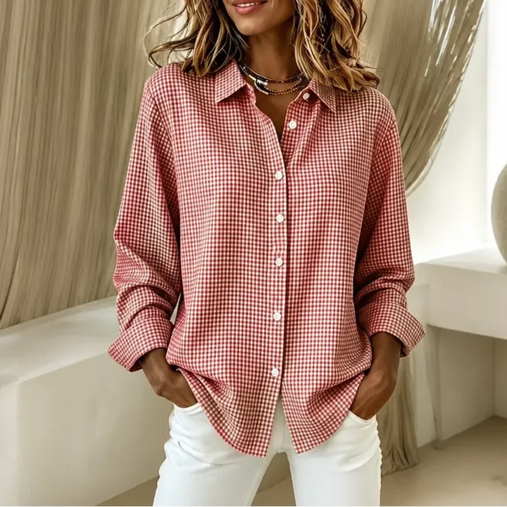 Red Women's Plaid Button Down Shirt with Relaxed Fit & Long Sleeves — Philomena