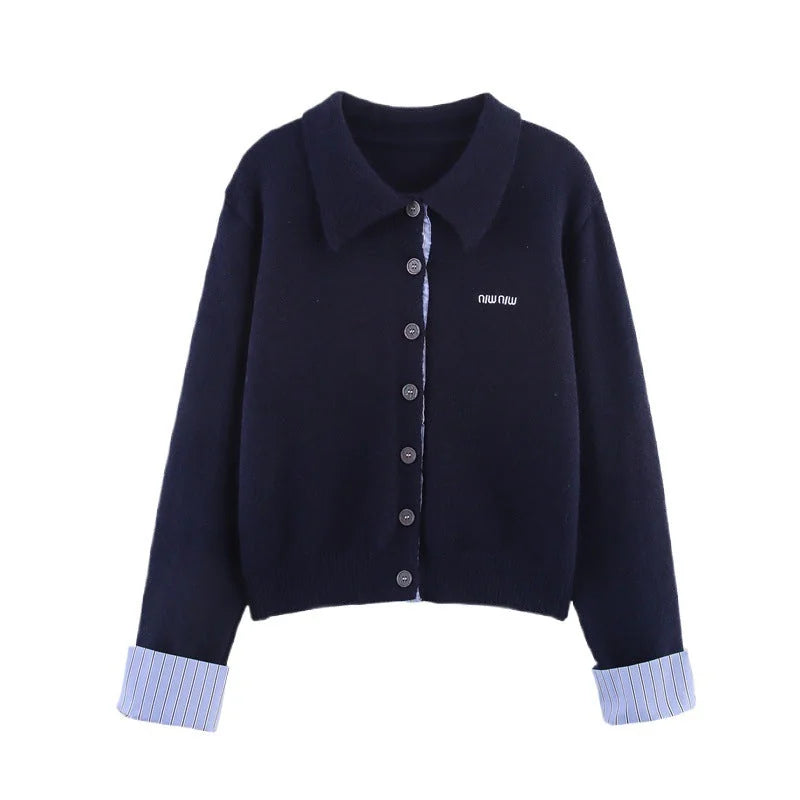 Women's Cardigan Skirt Set with Button-Front Collar & Striped Cuffs - Cardigan Close Up