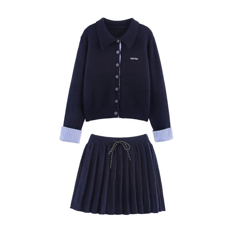 Black Women's Cardigan Skirt Set with Button-Front Collar & Striped Cuffs
