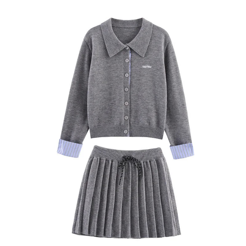 Grey Women's Cardigan Skirt Set with Button-Front Collar & Striped Cuffs
