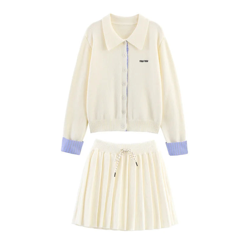 Light Beige Women's Cardigan Skirt Set with Button-Front Collar & Striped Cuffs