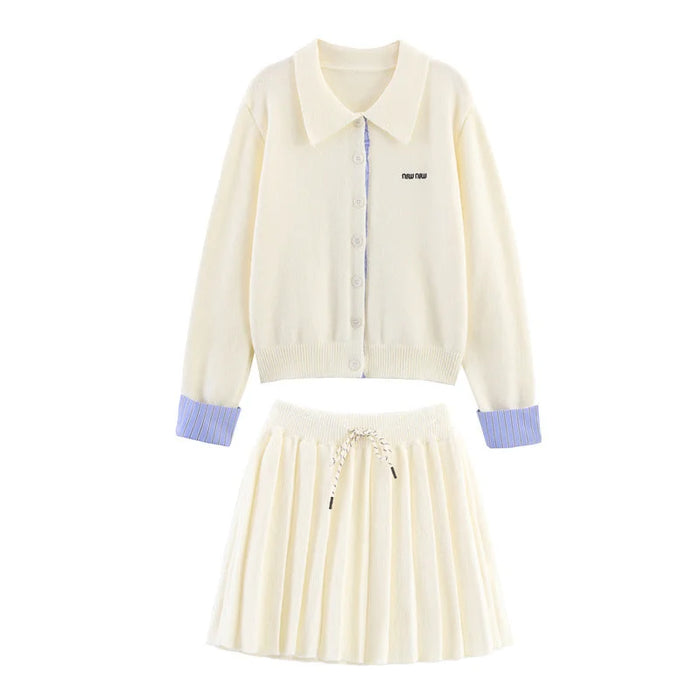 Light Beige Women's Cardigan Skirt Set with Button-Front Collar & Striped Cuffs