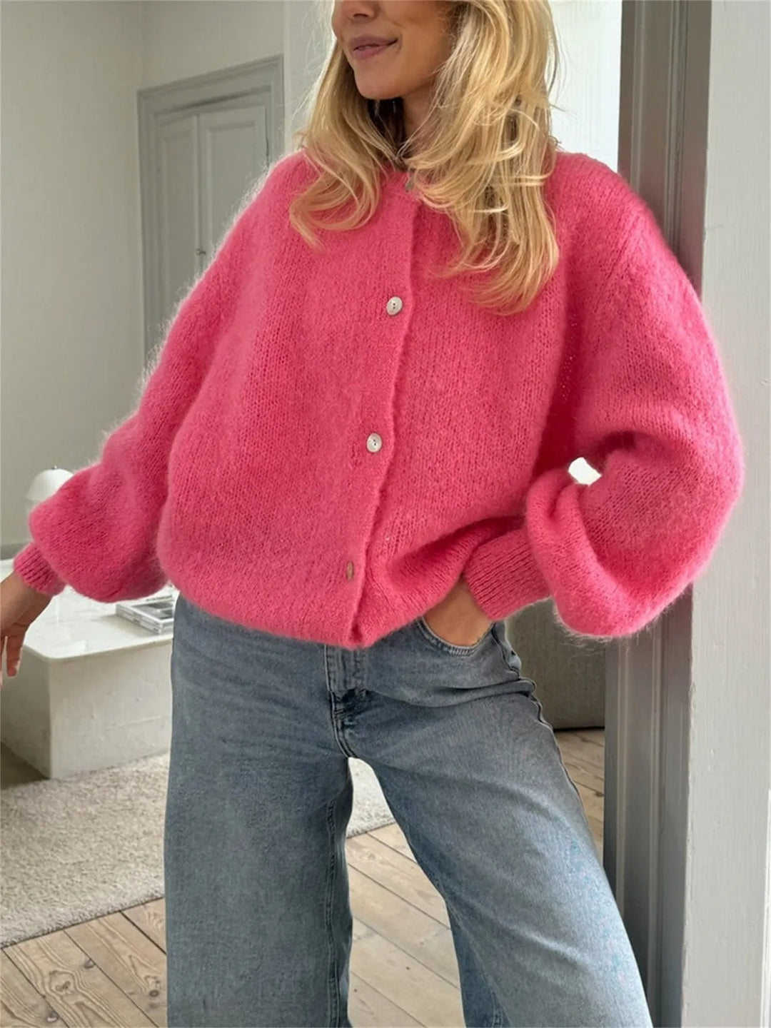 Dark Pink Women's Button-Front Cardigan Sweater with Crew Neck & Long Sleeves - Doorway Pose