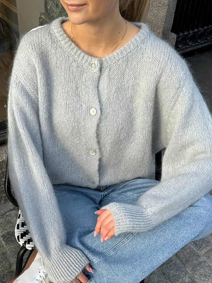 Light Grey Women's Button-Front Cardigan Sweater with Crew Neck & Long Sleeves - Seated Close