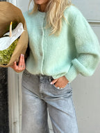 Light Green Women's Button-Front Cardigan Sweater with Crew Neck & Long Sleeves - Grocery Pose