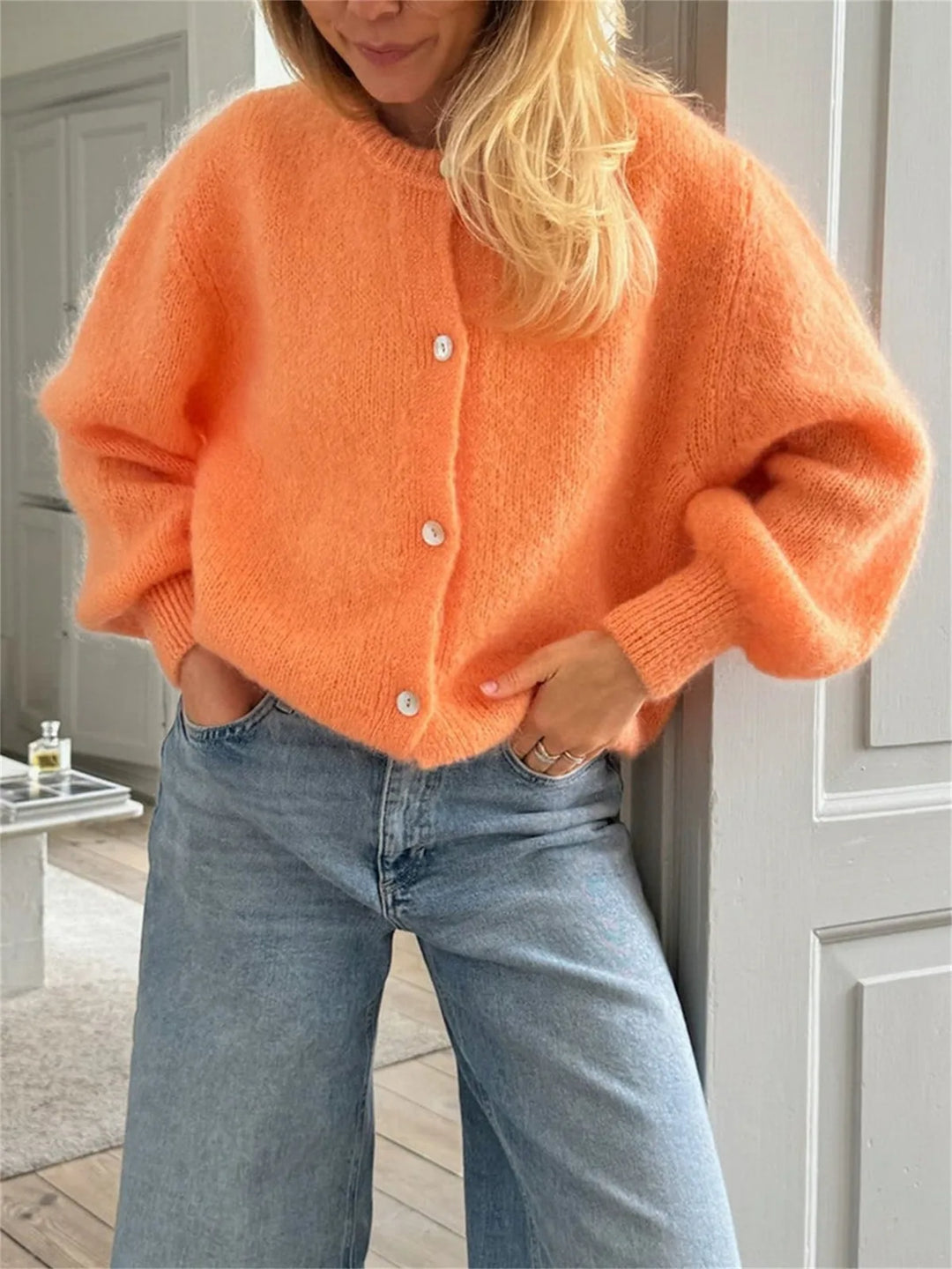 Orange Women's Button-Front Cardigan Sweater with Crew Neck & Long Sleeves