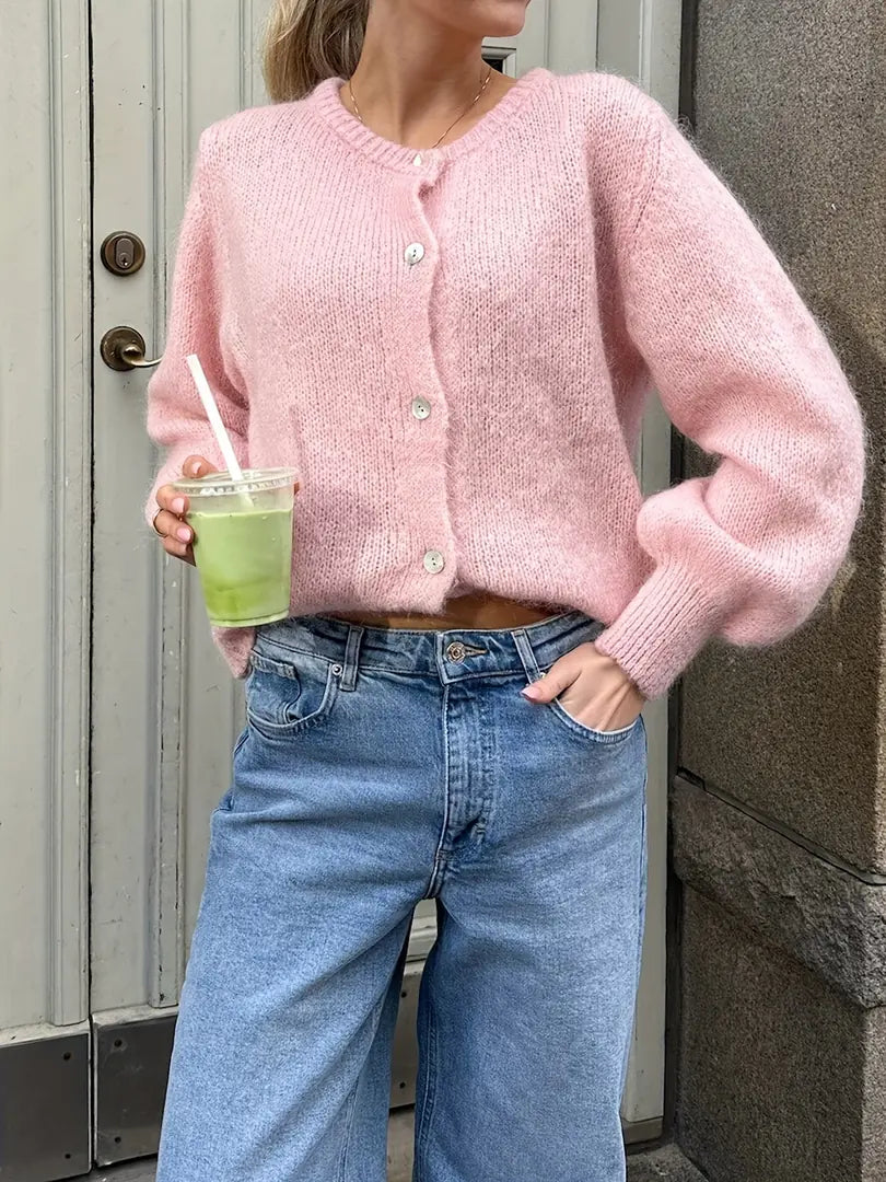Pink Women's Button-Front Cardigan Sweater with Crew Neck & Long Sleeves