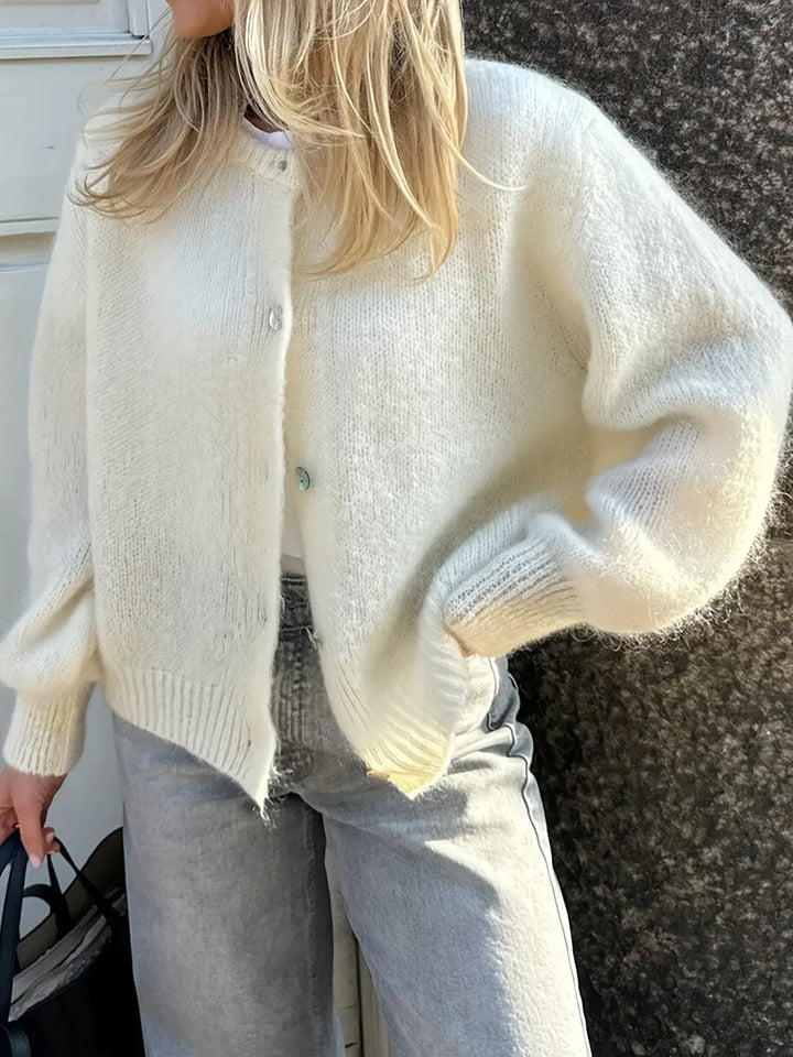 White Women's Button-Front Cardigan Sweater with Crew Neck & Long Sleeves