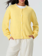 Yellow Women's Button-Front Cardigan Sweater with Crew Neck & Long Sleeves