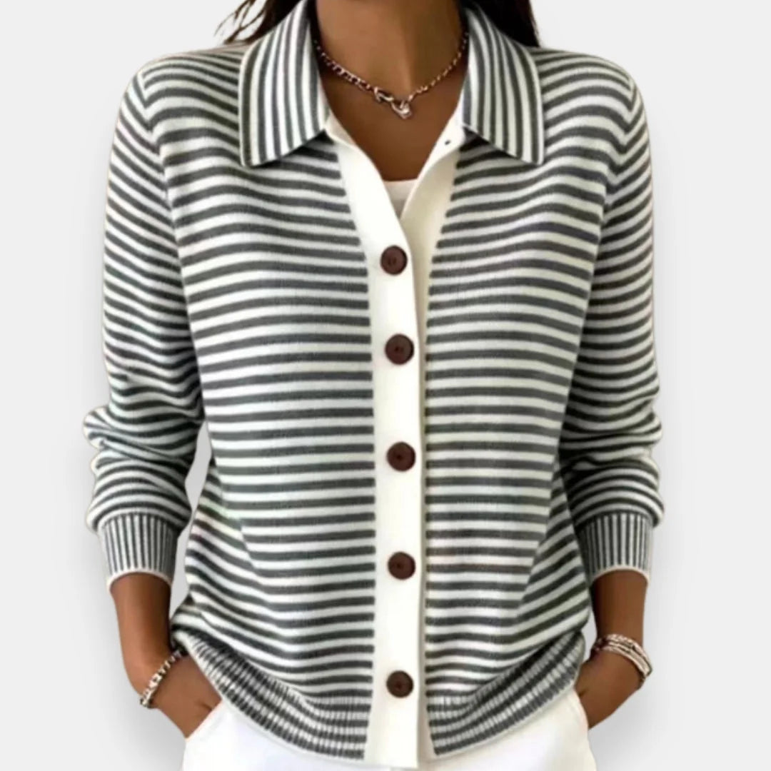 Black Women's Striped Button-Front Cardigan with Collar & Ribbed Cuffs — Eowyn