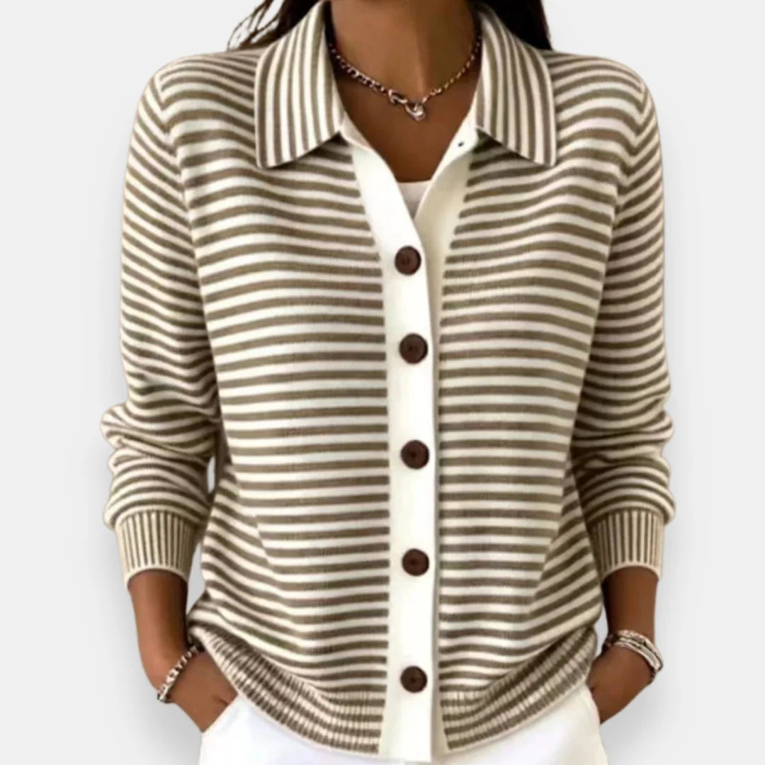 Brown Women's Striped Button-Front Cardigan with Collar & Ribbed Cuffs — Eowyn