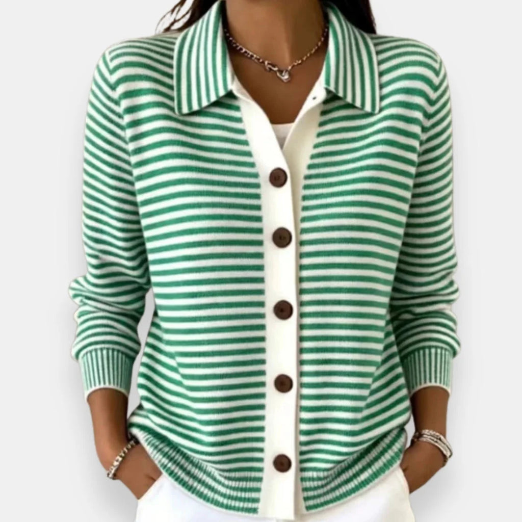 Green Women's Striped Button-Front Cardigan with Collar & Ribbed Cuffs — Eowyn