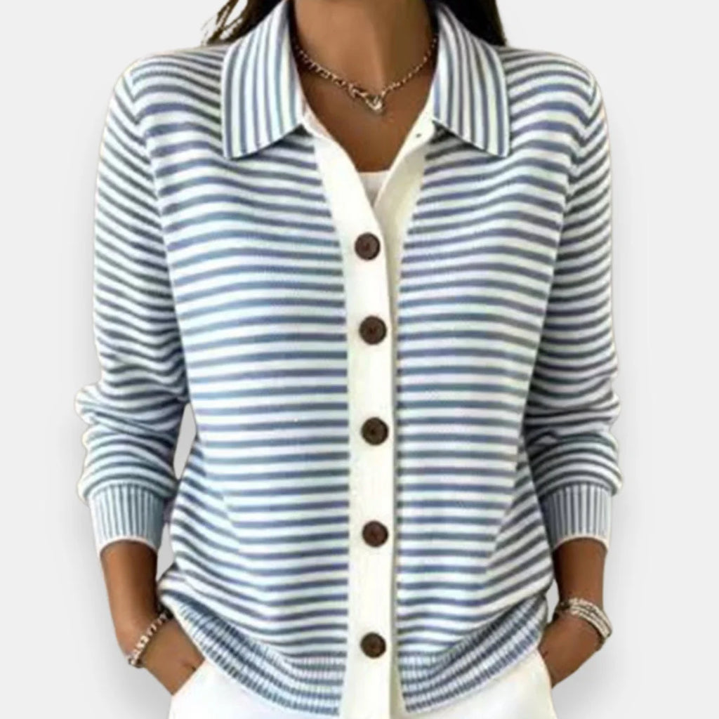 Light Blue Women's Striped Button-Front Cardigan with Collar & Ribbed Cuffs — Eowyn