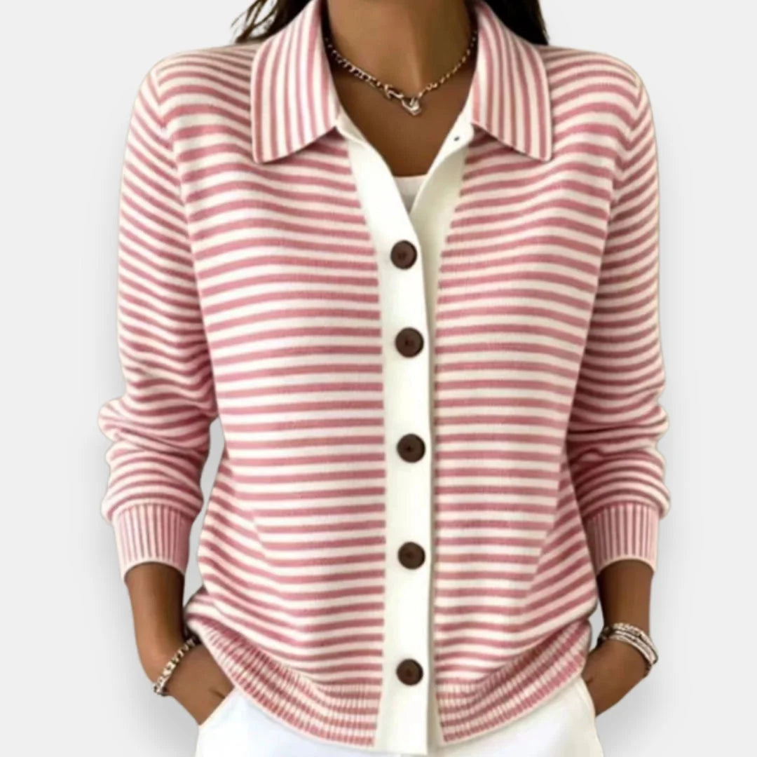 Pink Women's Striped Button-Front Cardigan with Collar & Ribbed Cuffs — Eowyn