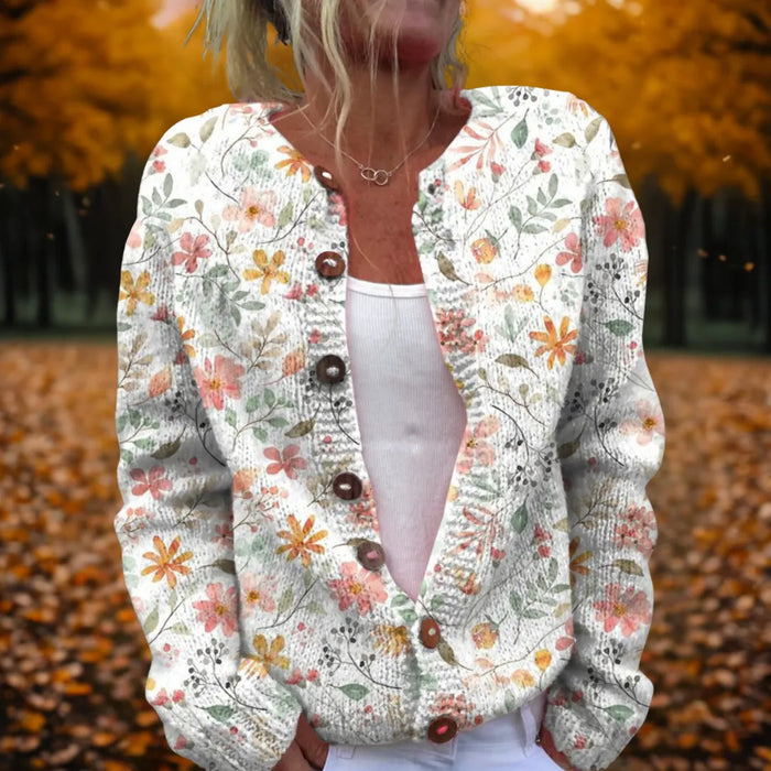 White Women's Floral Button-Front Cardigan with Relaxed Fit - Worn Outdoor Front