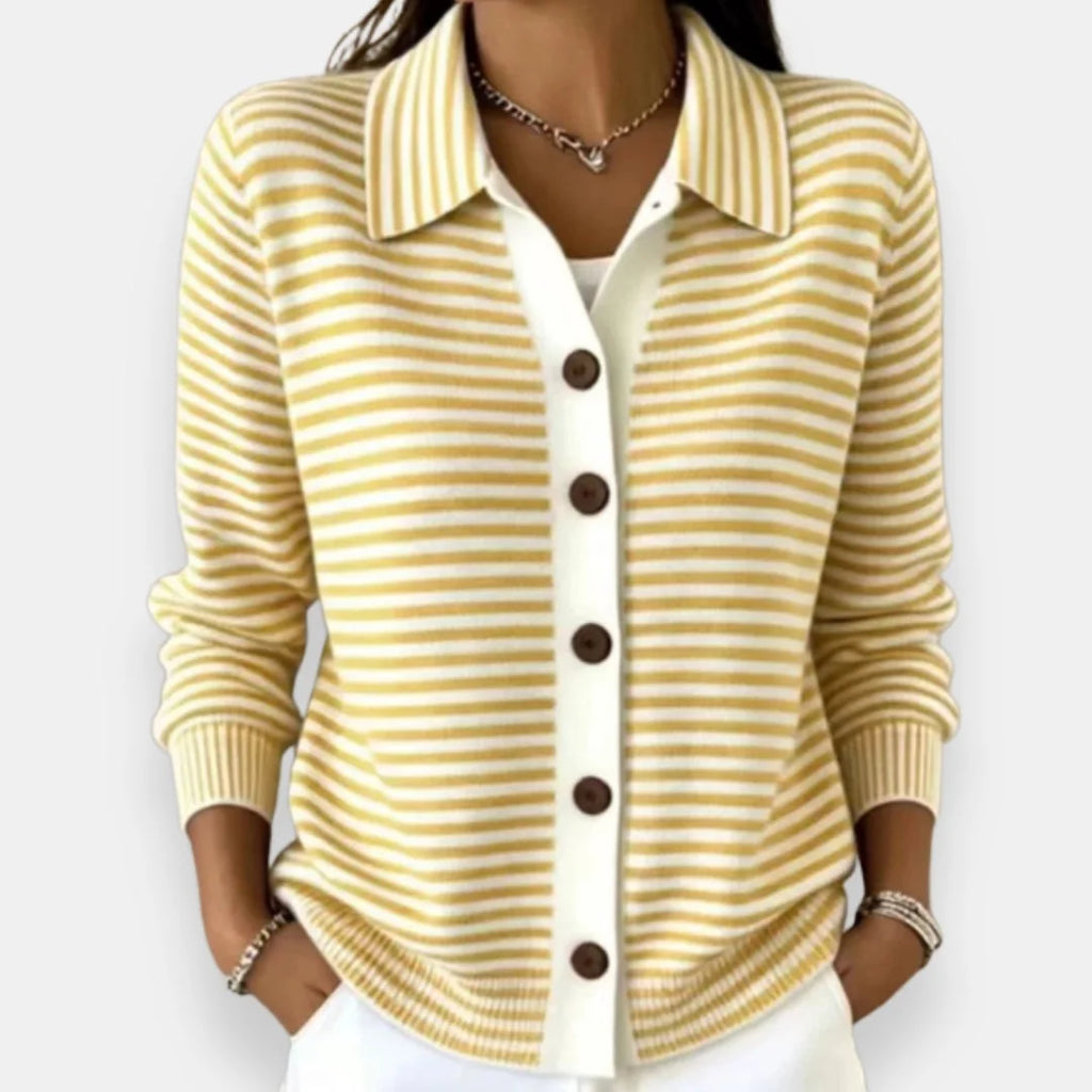 Yellow Women's Striped Button-Front Cardigan with Collar & Ribbed Cuffs — Eowyn